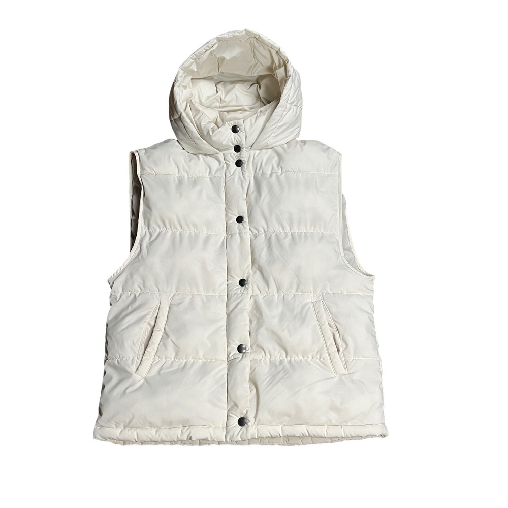 American Eagle Cream Hooded Puffer Vest  Y2K Medium Off White Quilted Snap Front
